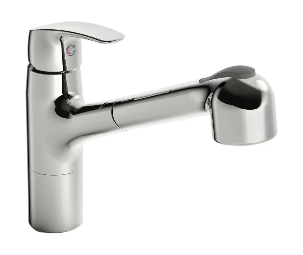 Küchenarmatur in Chrom aus dem Hause HANSA mit einem Hebel und einem ausziehbaren Wasserstrahl. Modernes, funktionales Design für die Spüle.
